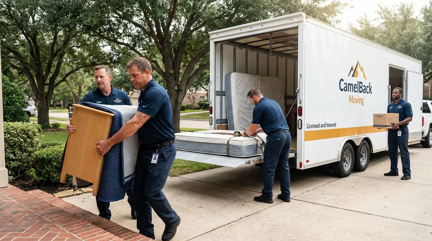 Crew loading residential truck for cross-state move from Central City, IA