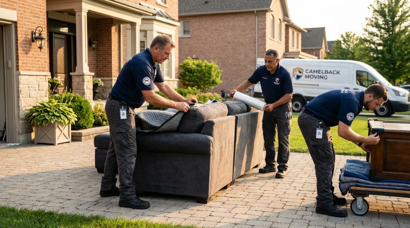 Large estate moving crew wrapping furniture in Central City, IA