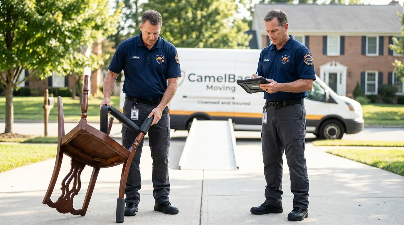 Movers inspecting furniture for damage prevention before loading in Central City, IA