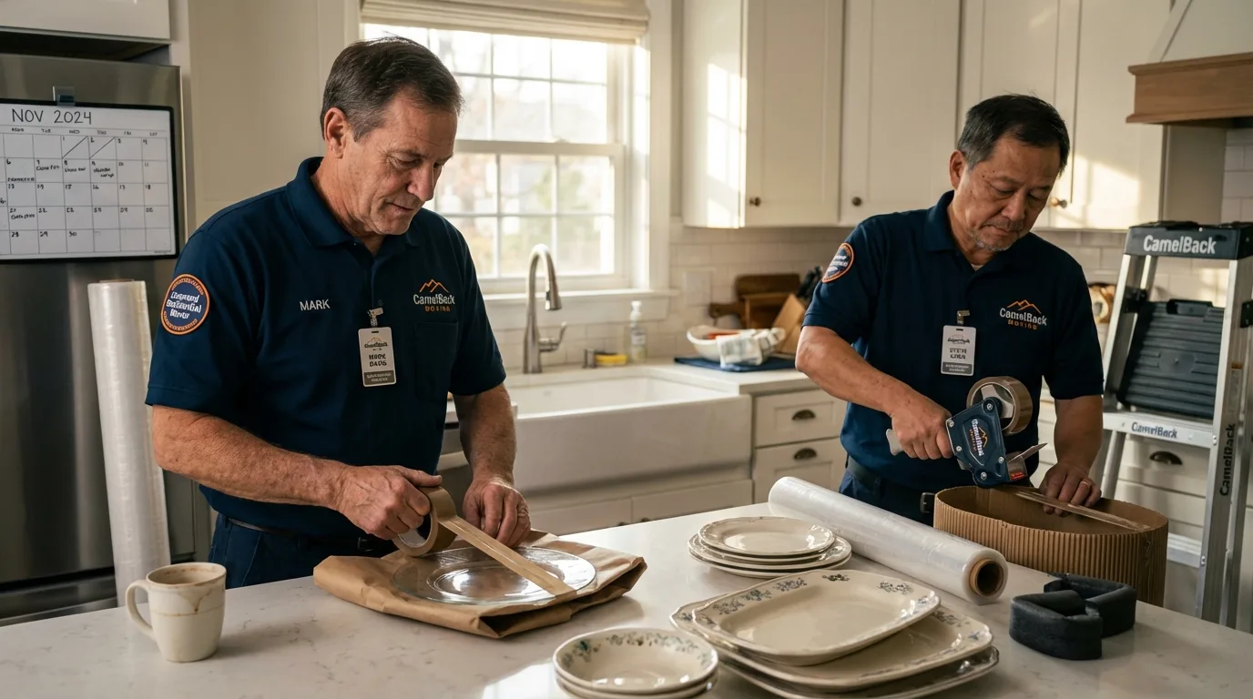 Professional crew packing kitchen dishware in Central City, IA